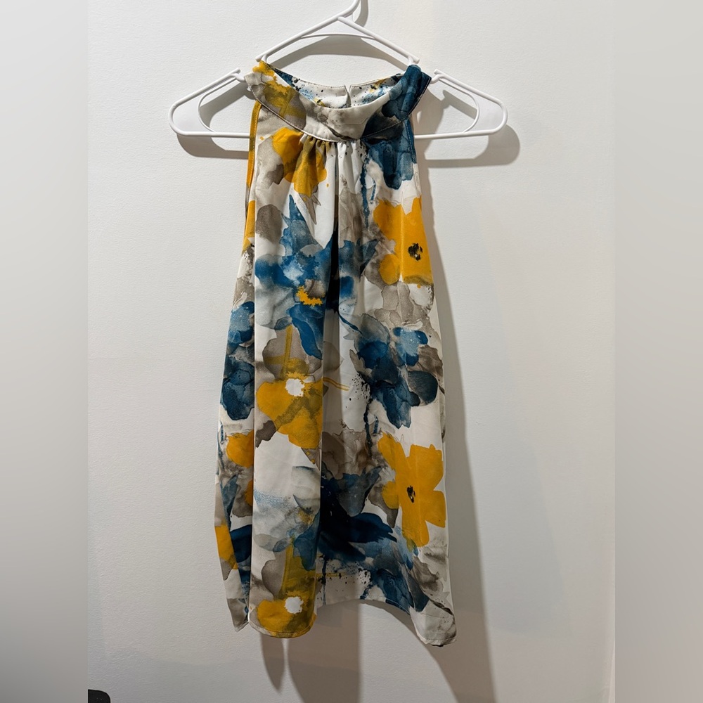 Chic Floral Halter Tank Top - Yellow and Blue